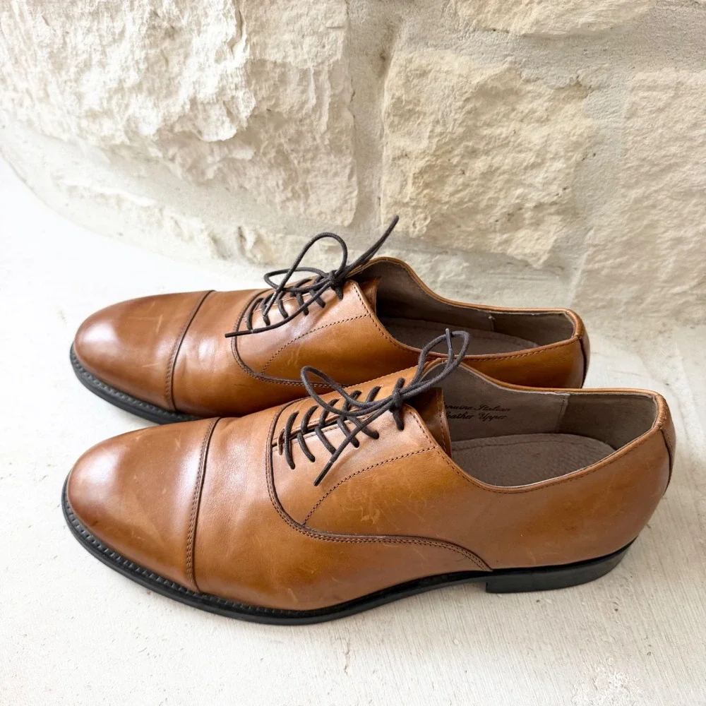 Banana Republic Mens Italian Leather Cap Toe Oxford Shoes Cognac Brown 11